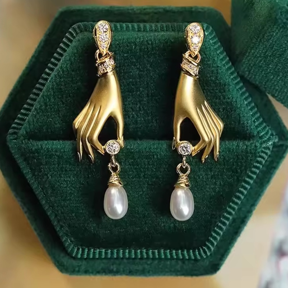 Women Victorian Golden Hand Baroque Pearl Drop Earrings